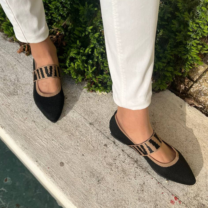 Nahaufnahme eleganter Damen Ballerinas, bequeme Schuhe mit spitzer Zehe und Materialdetails.