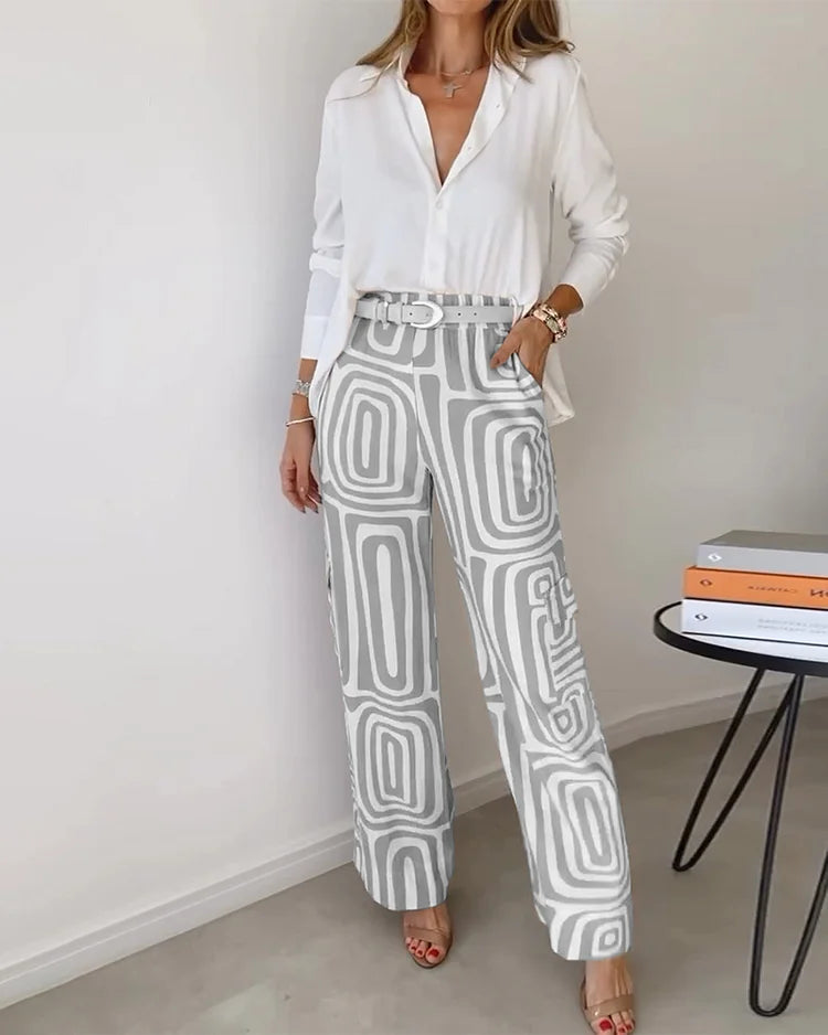 Komplettes Damen Outfit: Stilvolles Set aus Hose, Oberteil und Gürtel für einen eleganten, bequemen Look.
