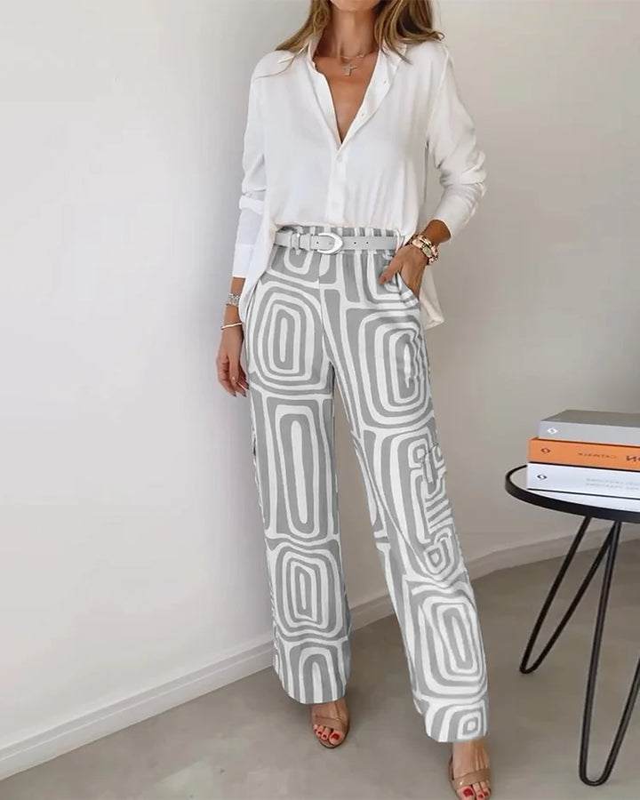 Komplettes Damen Outfit: Stilvolles Set aus Hose, Oberteil und Gürtel für einen eleganten, bequemen Look.