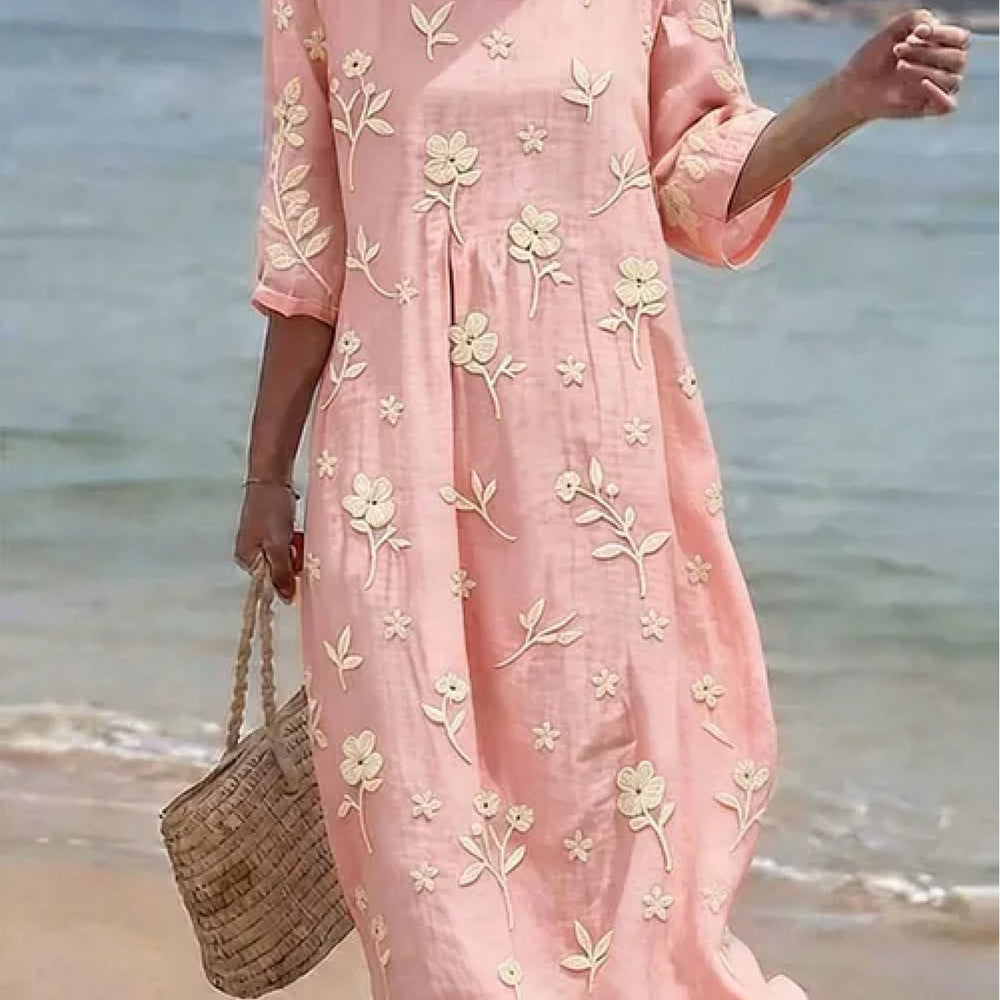 Elegantes Damen Midikleid mit feiner Blumenstickerei. Vielseitiges Frühlings-/Sommerkleid für festliche und legere Anlässe.