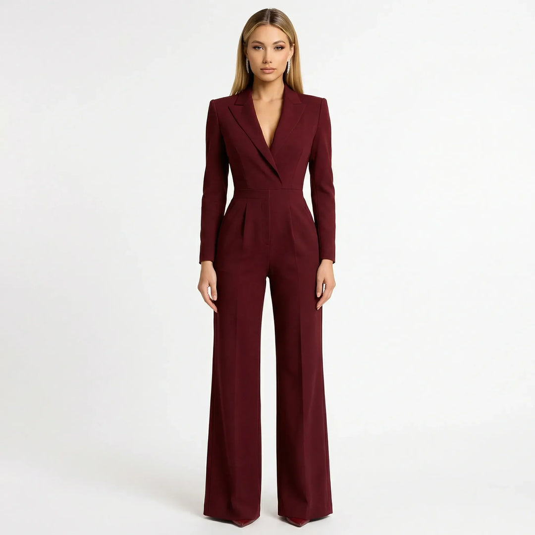 Moderner Damen Blazer-Jumpsuit mit weitem Bein, tailliertem Oberteil & elegantem V-Ausschnitt. Frauen Mode.