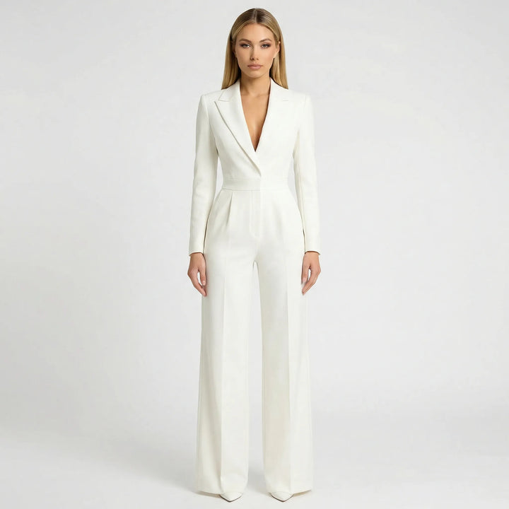 Schicker Damen Langarm Jumpsuit mit Blazer-Design, weitem Bein & figurbetontem Taillenbund. Komplett-Outfit.