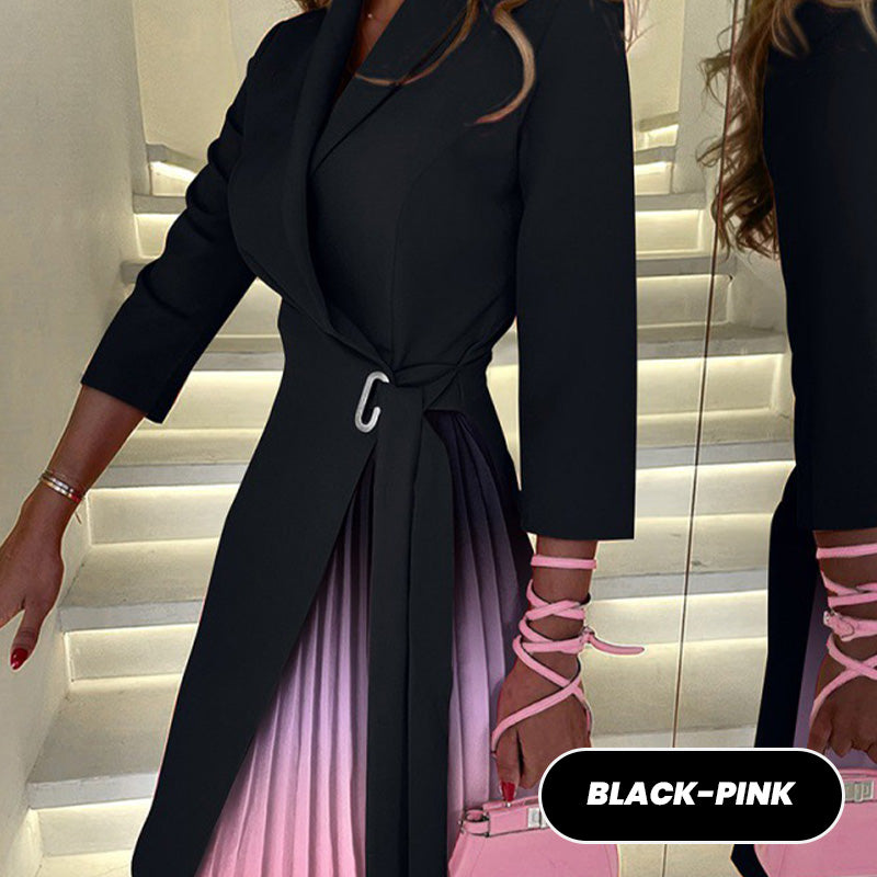 Knitterarmes Ombre Damen Blazer Kleid mit tailliertem Schnitt, Reverskragen & Plissee-Rock. Ideal für lange Tage.