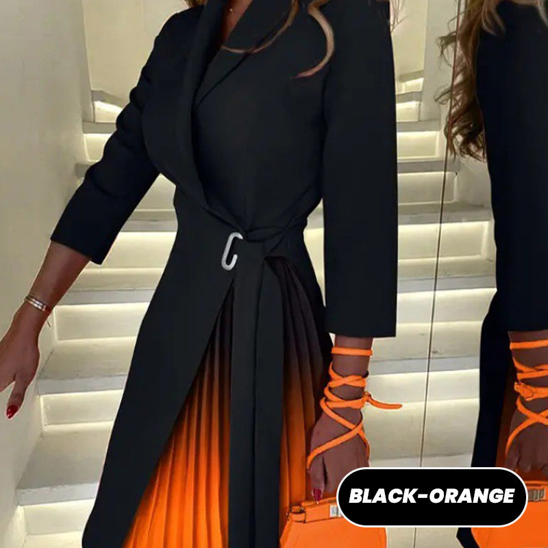 Festliches Ombre Blazer Kleid für Damen, mit schickem Reverskragen, Plissee-Rock & Bindegürtel.