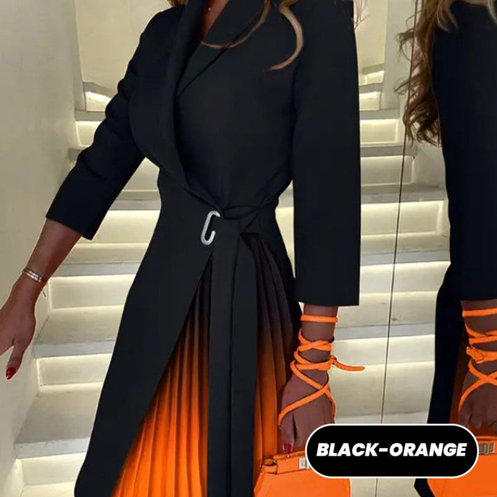 Festliches Ombre Blazer Kleid für Damen, mit schickem Reverskragen, Plissee-Rock & Bindegürtel.