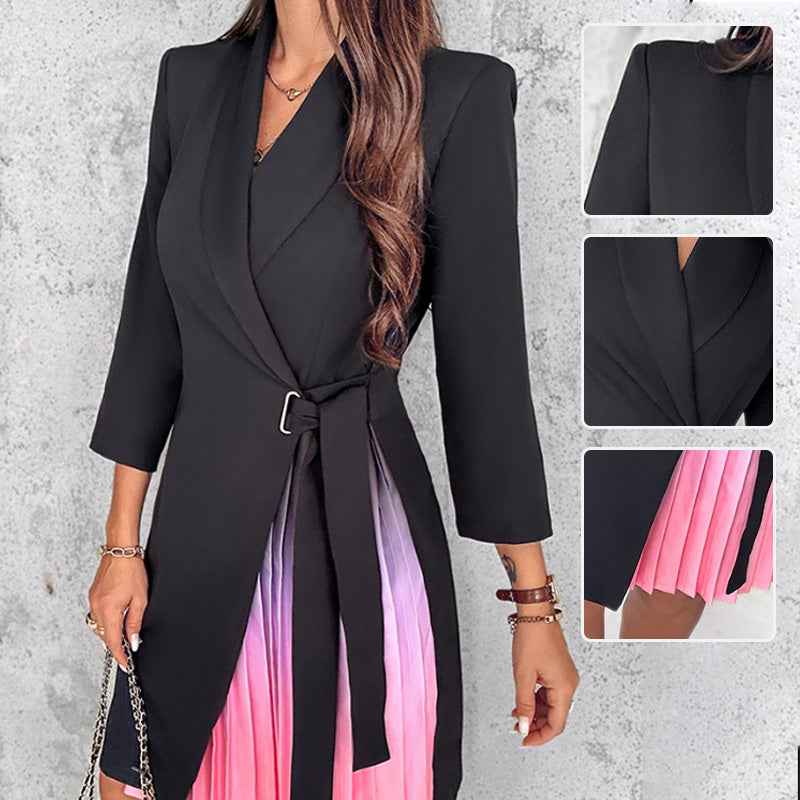 Damen Abendkleid im Blazer-Stil mit Ombre-Effekt, elegantem Plissee-Rock & Bindegürtel. Ein Statement-Piece.