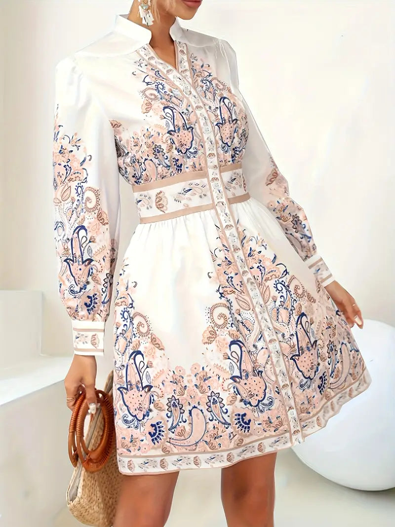 Damen Blumen Maxikleid mit V-Ausschnitt & langen Ärmeln, ideal für Urlaub & Freizeit. Elegantes Sommerkleid.