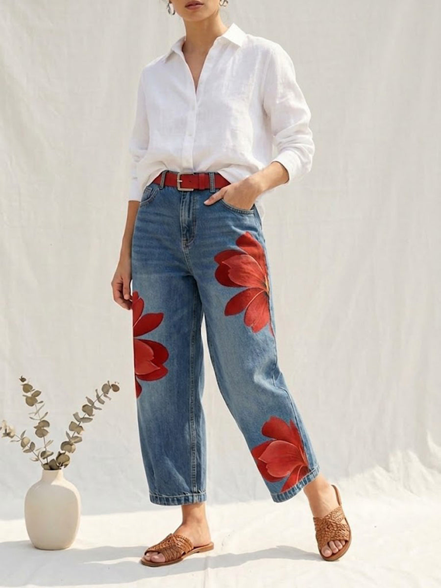 Damen Blumenhose, elegant & bequem, mit weitem Bein für Frühling & Sommer.
