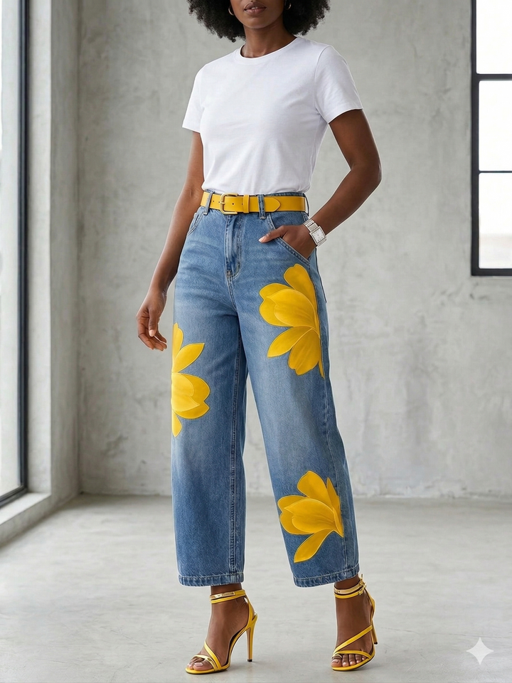 Trendige Damen Jeans Blumenhose, weite Passform, hoher Tragekomfort, ideal für Frühling & Sommer.