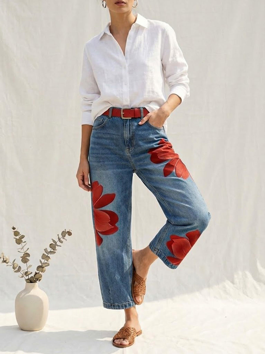 Stilvolle Damen Blumenhose mit floralem Muster, weites Bein, ideal für jeden Anlass.