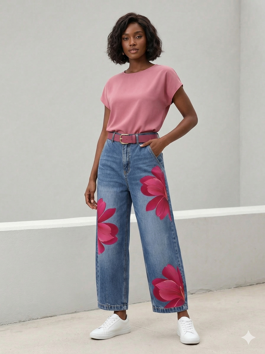 Komfortable weite Damen Blumenhose im Cropped-Schnitt, perfekt für Alltag & Freizeit.