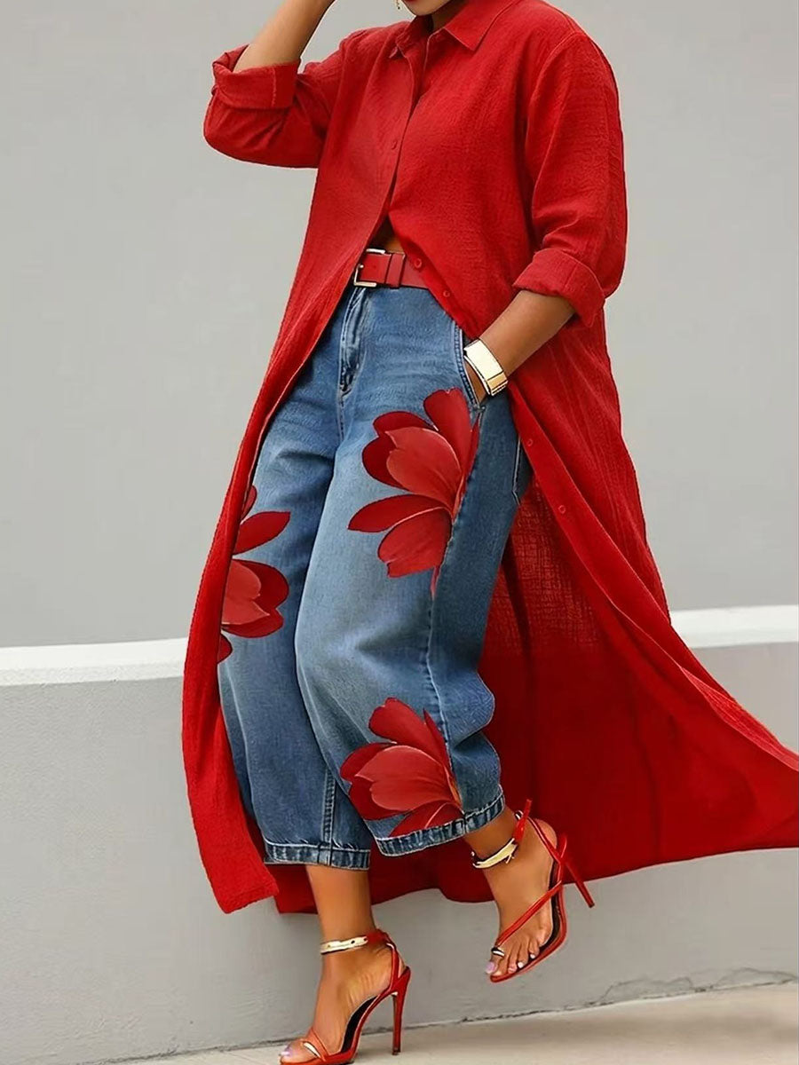 Stylische Damen Hose mit Blumenmuster und weitem Bein, eleganter Komfort für Alltag & besondere Anlässe.