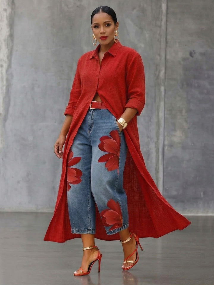 Damen Blumenhose in lebhaften Farben, weites Bein, cropped, modisch und bequem für den Frühling.