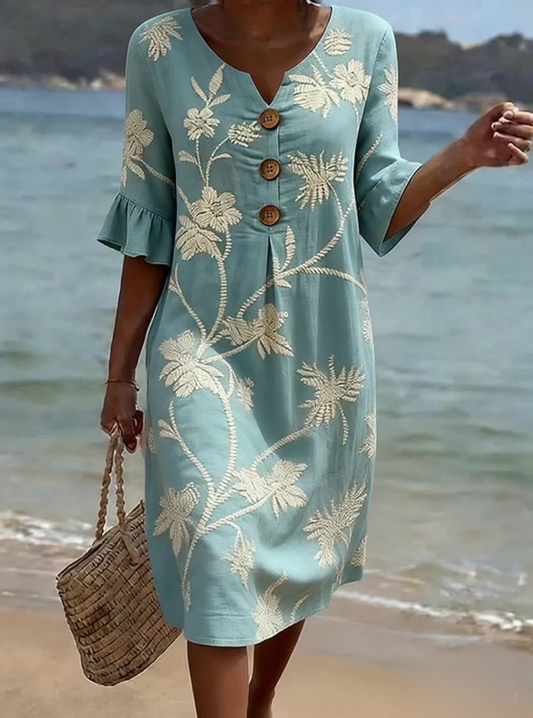 Damen Blumenkleid mit Knöpfen, kurzärmelig, fließend, lässig elegant für Sommer & Freizeit.