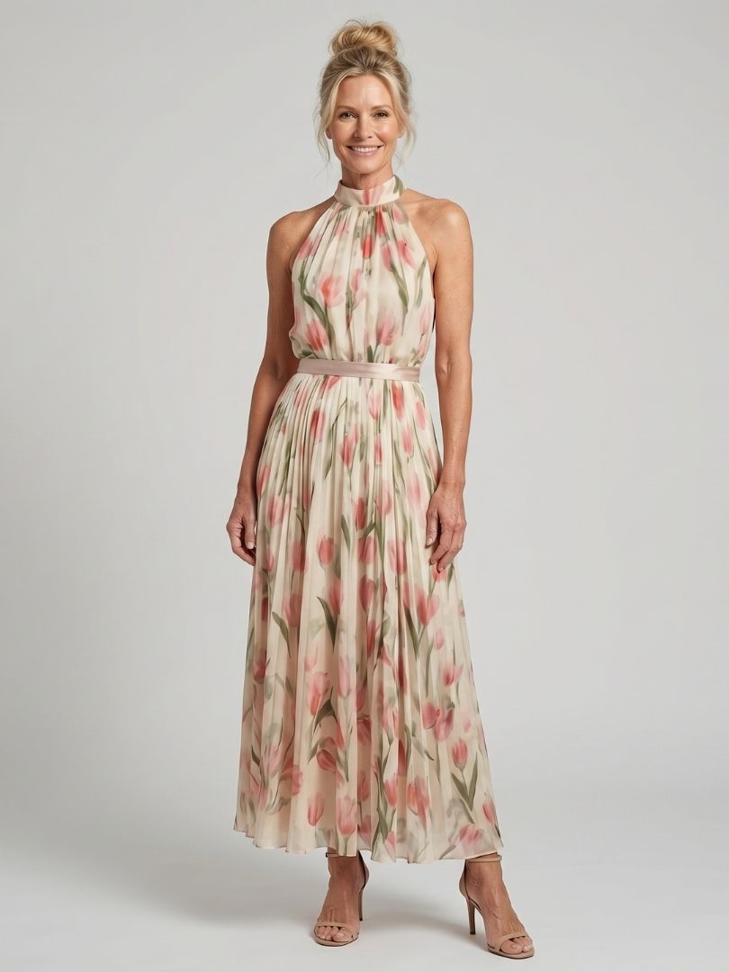 Damen Blumenmuster Midikleid mit Halterneck für elegante Sommer-Looks und Freizeitaktivitäten.