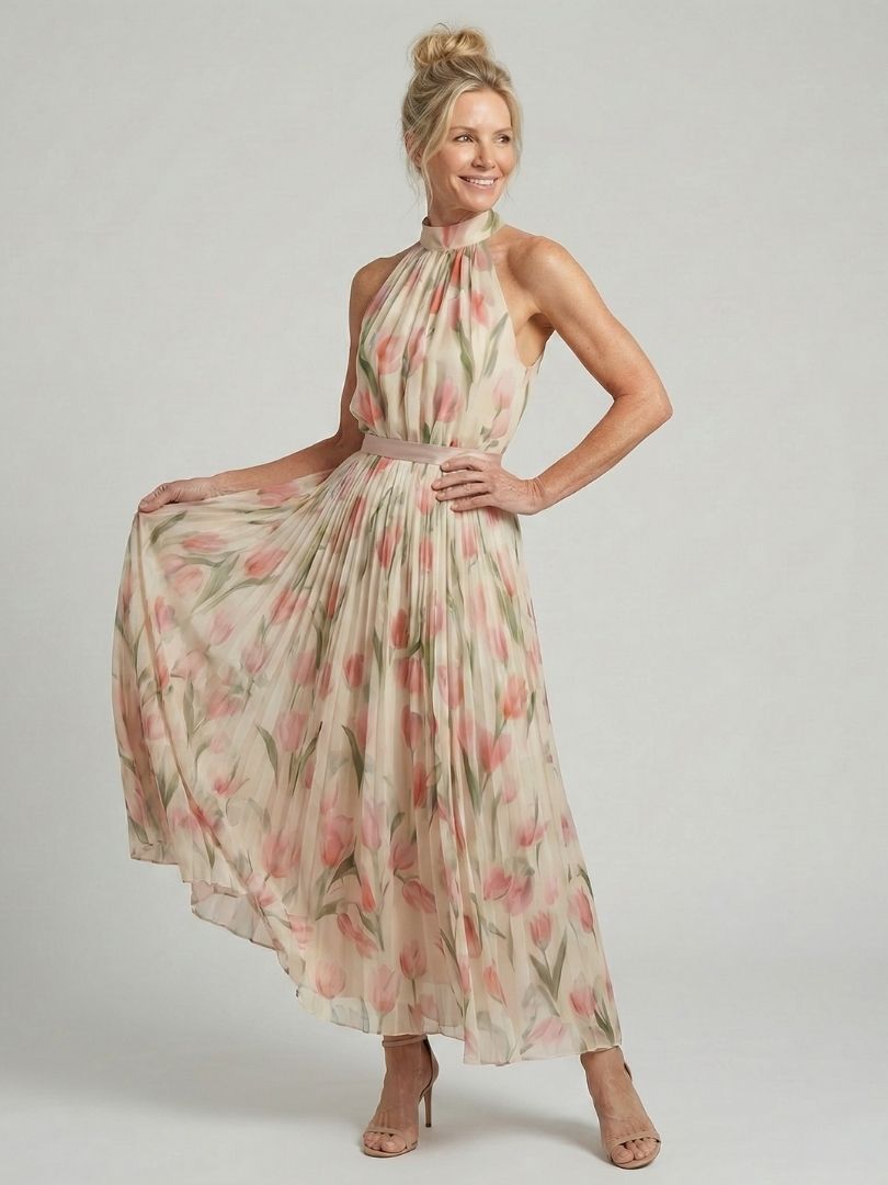 Gemustertes Damenkleid: Fließendes Midikleid mit Blumenprint und schmeichelhaftem Halterneck-Design.