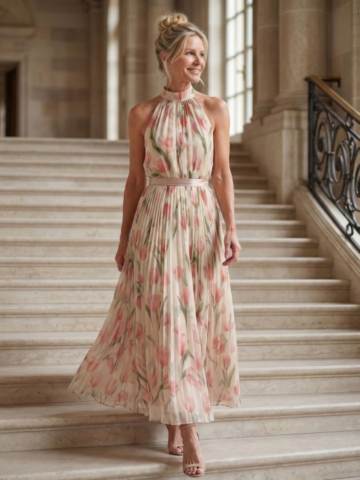Schickes Damen Blumenmuster Freizeitkleid als Midikleid geschnitten, perfekt für warme Tage und Urlaub.