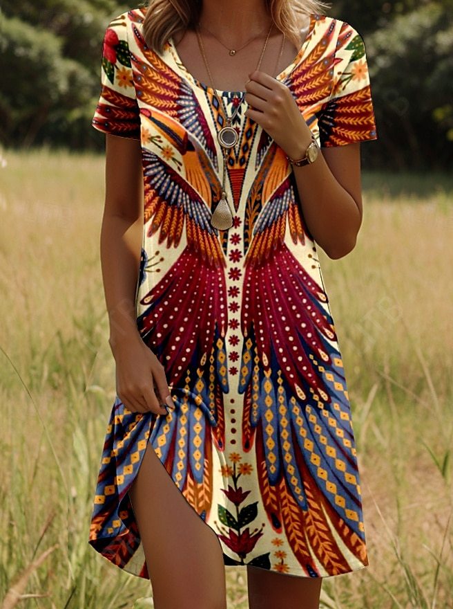 Langes Damen Freizeitkleid im Bohemian-Stil; bedrucktes Maxikleid mit lebhaften Mustern, ideal für heiße Tage.