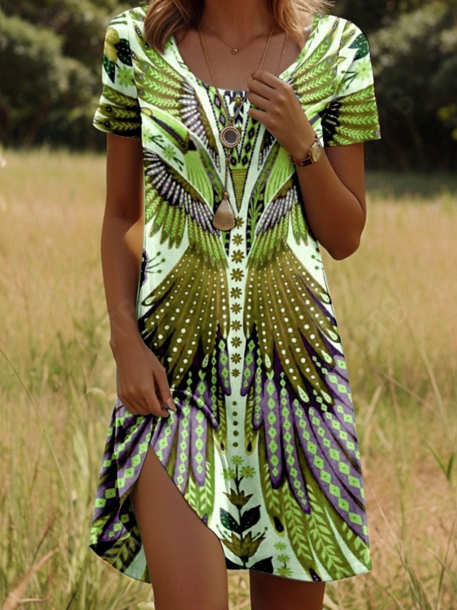 Figurschmeichelndes Damen Sommerkleid; lebhaft bedrucktes Boho-Maxikleid, perfekt für entspannte Urlaubstage.
