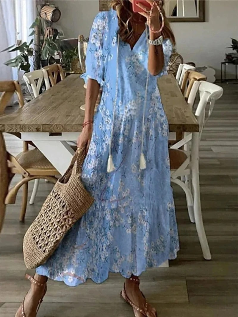Vielseitiges Freizeitkleid für Damen, ein langes Bohemian Sommerkleid mit Blumenmuster für jeden Anlass.