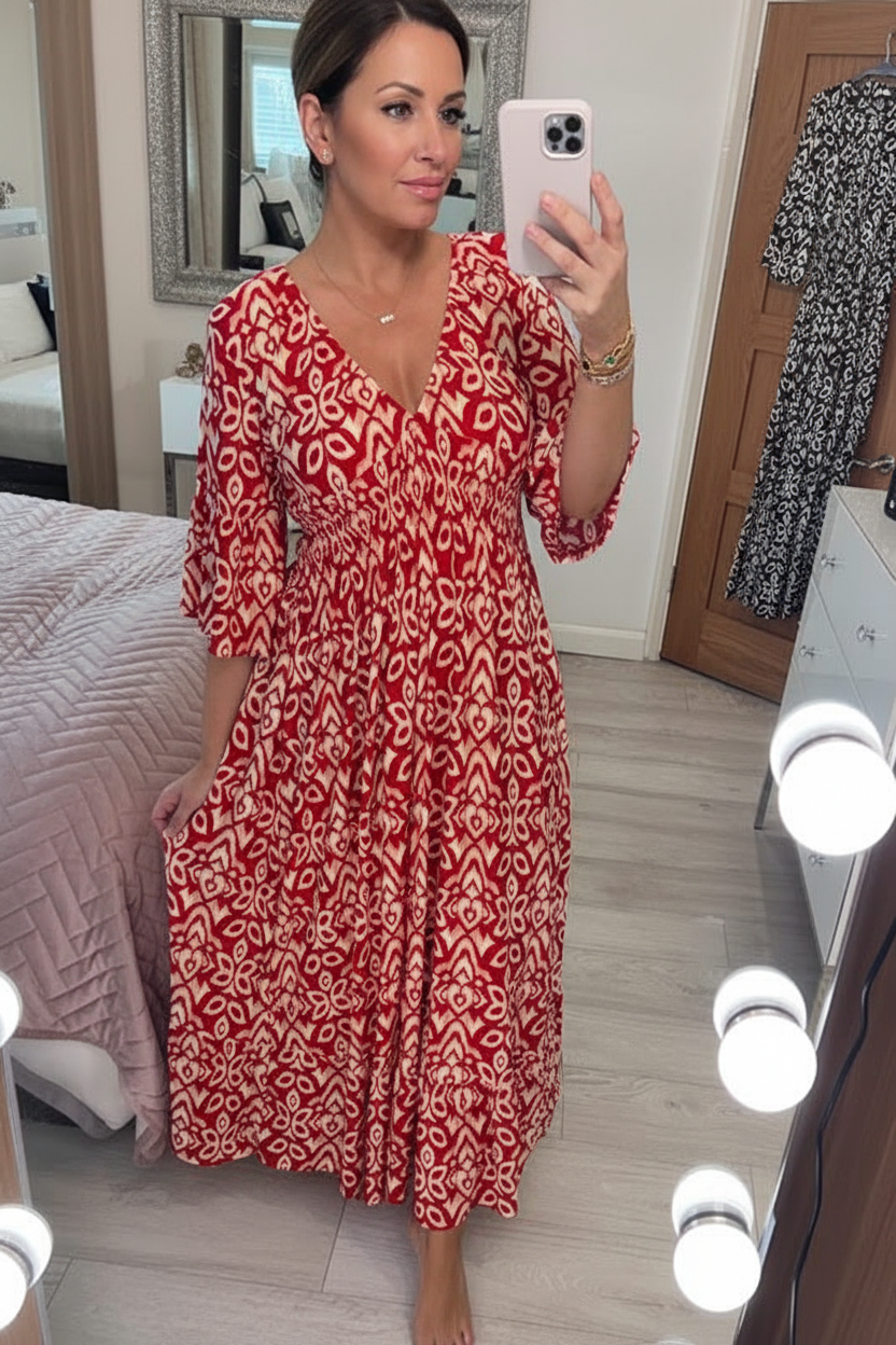 Damen Bohemian Midikleid mit elegantem Blumenmuster, bequem & vielseitig.
