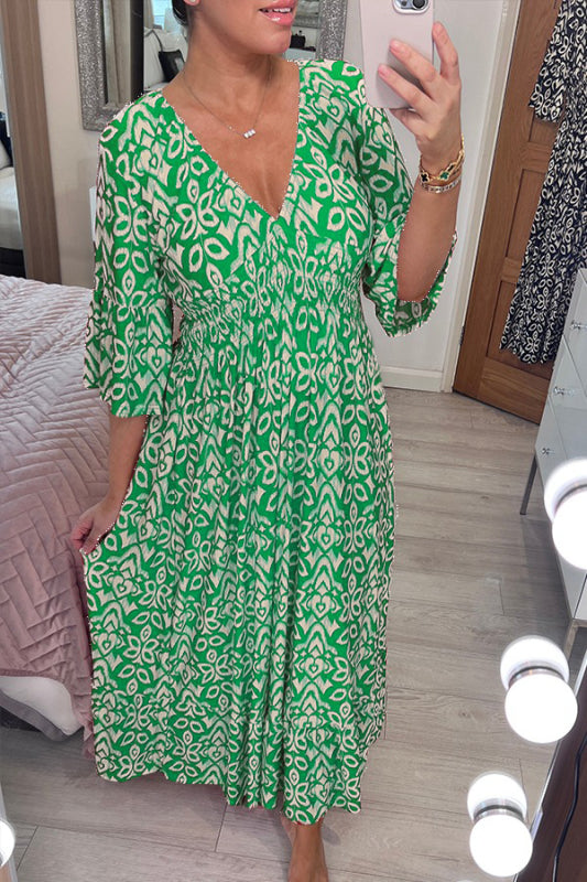 Vielseitiges Damen-Boho-Kleid, Midilänge, mit V-Ausschnitt & Ballonärmeln, Blumenmuster.