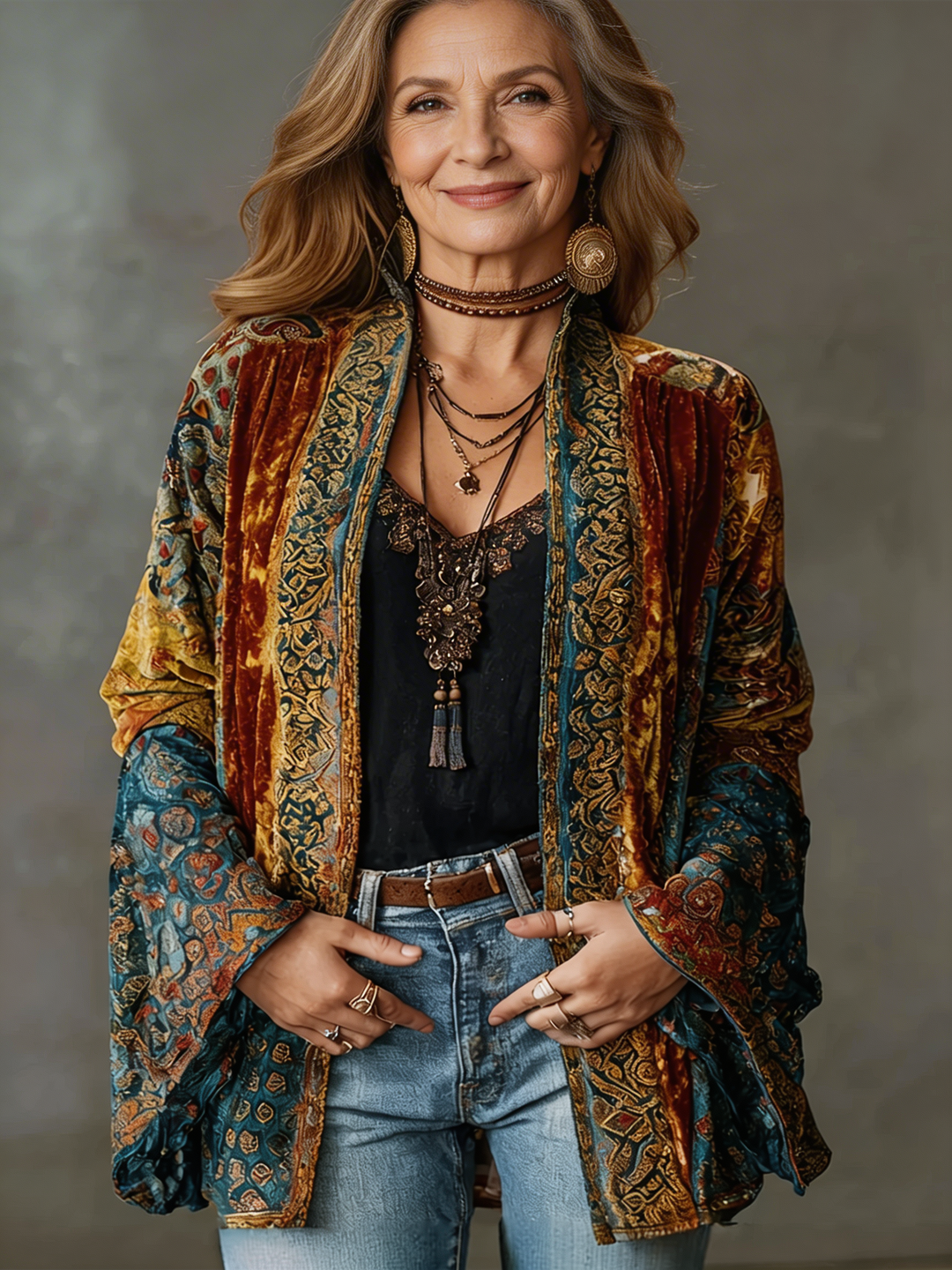 Damen Boho Kimono-Jacke in Burgunderrot, elegant für den Lagenlook. Perfekt als Sommer- oder Herbststrickjacke.