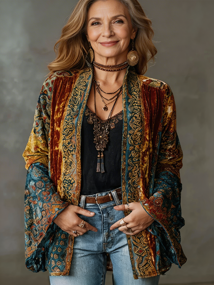 Damen Boho Kimono-Jacke in Burgunderrot, elegant für den Lagenlook. Perfekt als Sommer- oder Herbststrickjacke.