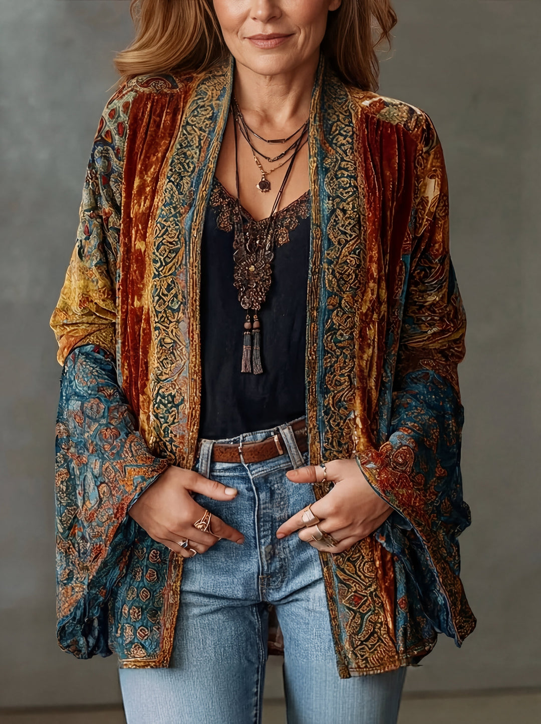Burgunderrote Damen Kimono-Jacke im Boho-Design für Freizeit & Mode. Elegante Strickjacke für den Lagenlook.