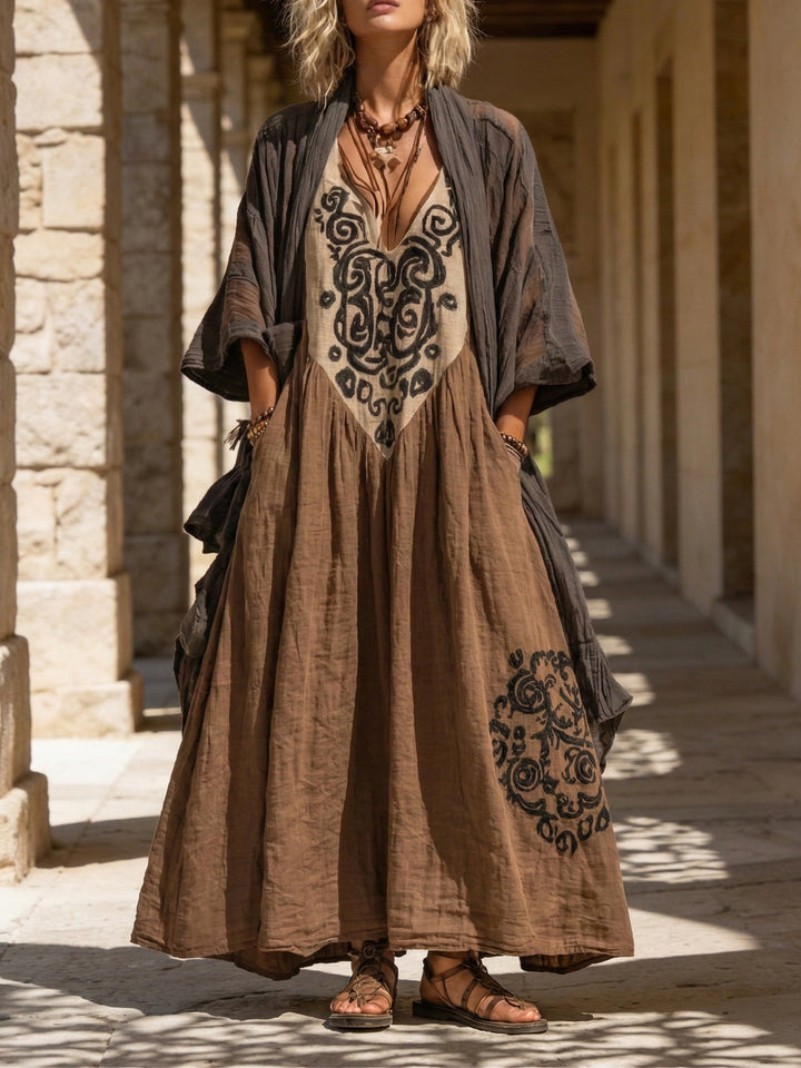 Damen Boho Leinen-Baumwoll-Zweiteiler in Khaki, bequem & entspannt für Frühling und Sommer.