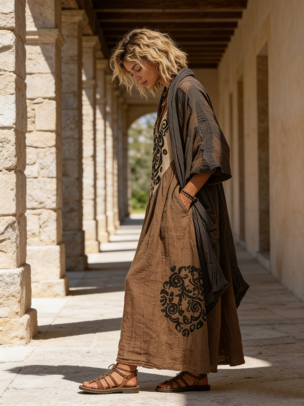 Entspannter Damen Zweiteiler aus Leinen-Baumwolle im Boho-Stil, ideal für Frühling und Sommer.