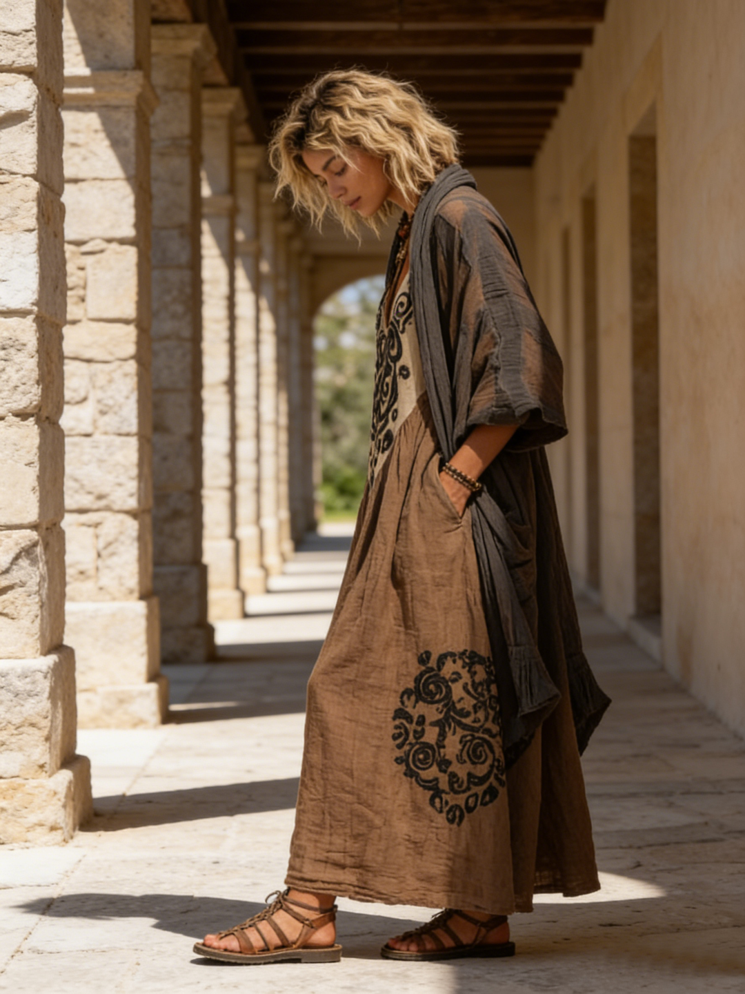 Entspannter Damen Zweiteiler aus Leinen-Baumwolle im Boho-Stil, ideal für Frühling und Sommer.