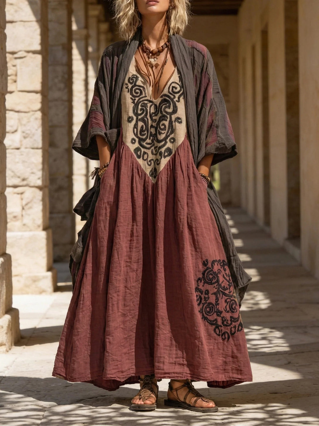 Lässiger Damen Zweiteiler aus Leinen-Baumwolle im Boho-Stil, elegant und bequem für Frühling und Sommer.