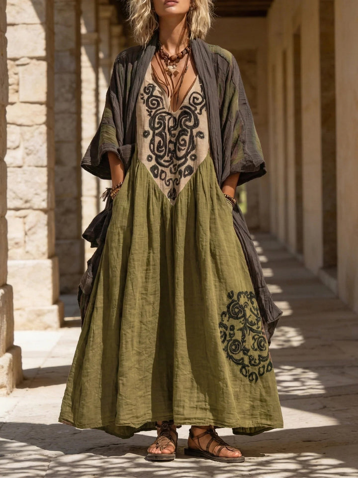 Damen Boho Zweiteiler aus Leinen-Baumwolle in Olive, entspanntes Set für Alltag oder Urlaub im Frühling/Sommer.