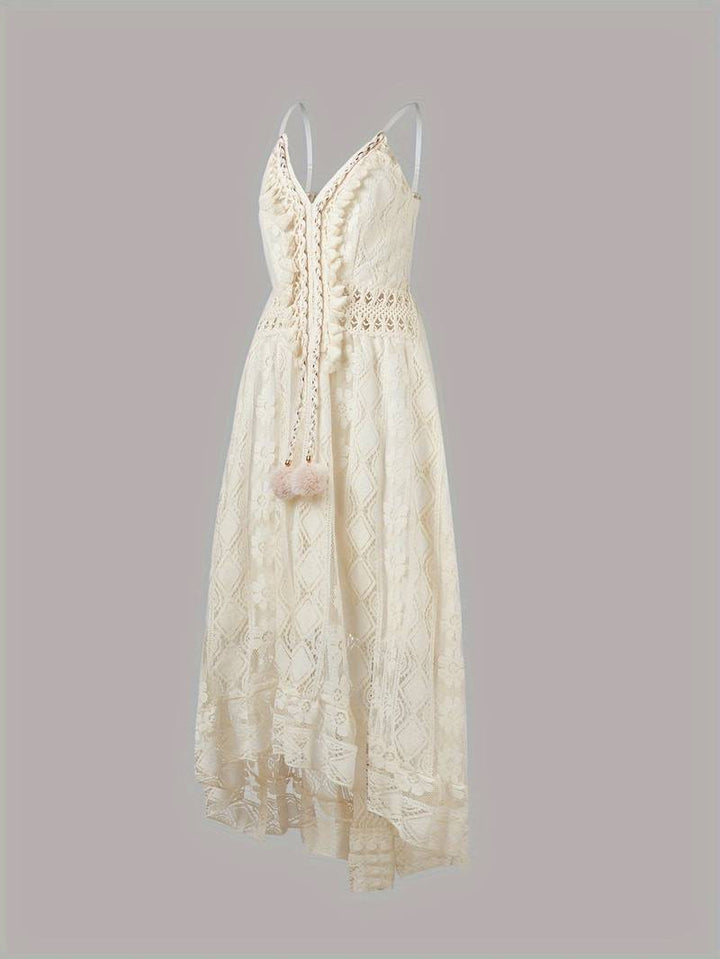 Elegantes Damen Sommer Maxikleid mit Spaghettiträgern & V-Ausschnitt im Boho-Look für den Strand.