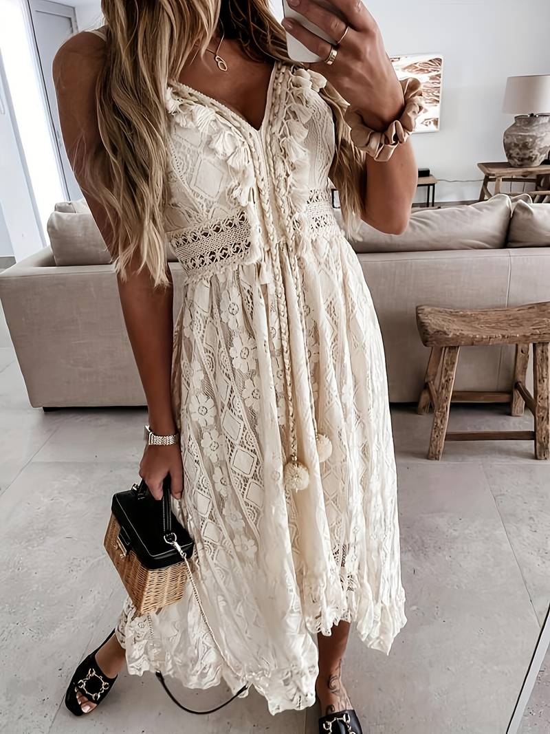 Luftiges Damen Maxikleid Boho-Stil, Spaghettiträger, V-Ausschnitt – perfekt für Frühling & Sommer.