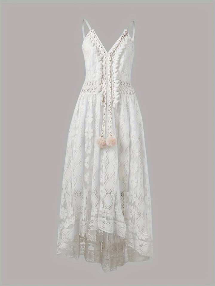 Elegantes Boho Damen Sommerkleid, Maxilänge, Spaghettiträger, tiefer V-Ausschnitt – ideal für Freizeit.