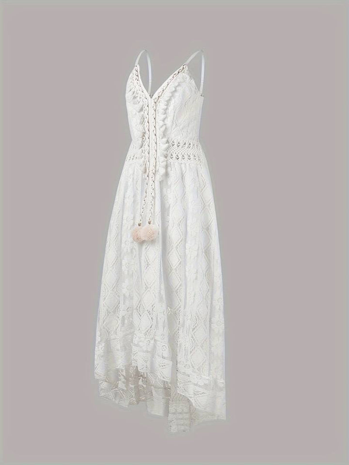 Boho Maxikleid für Damen, Spaghettiträger, V-Ausschnitt, leicht & luftig – ideal als Strand- oder Freizeitkleid.