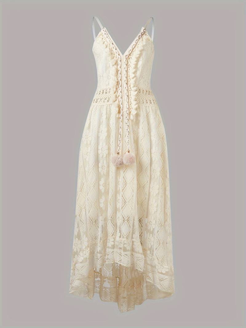 Langes Damen Sommerkleid, Boho-Stil, Spaghettiträger, V-Ausschnitt, locker sitzend, ideal für warme Tage.