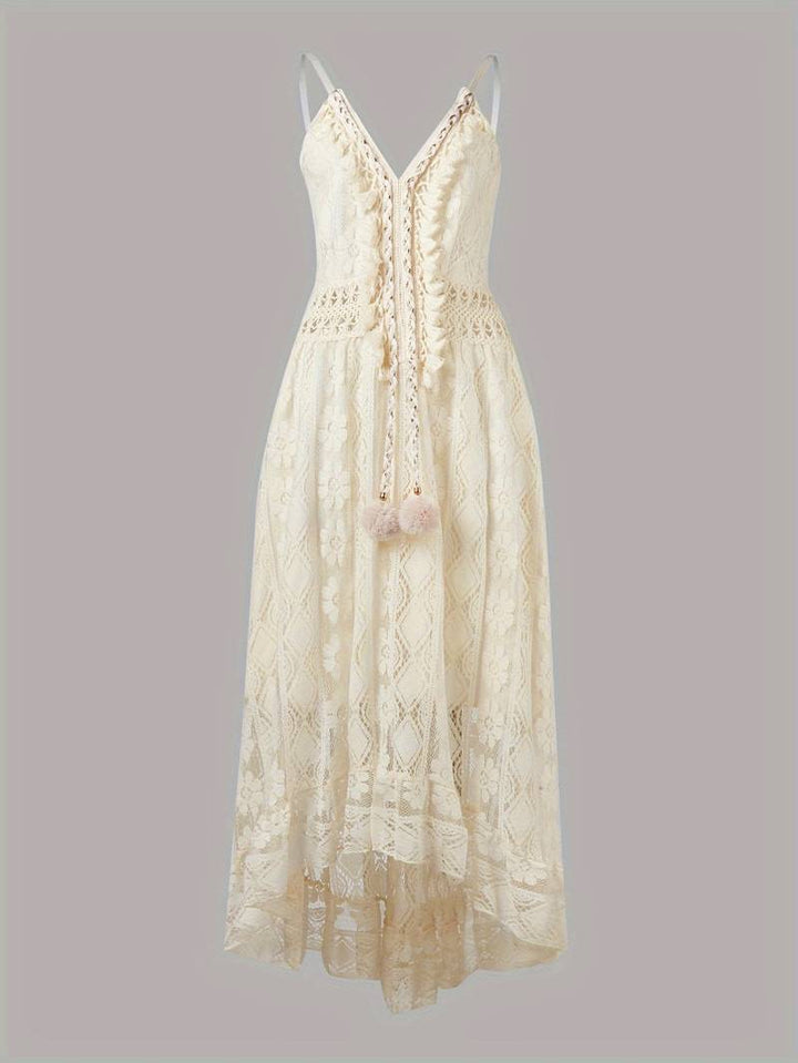 Langes Damen Sommerkleid, Boho-Stil, Spaghettiträger, V-Ausschnitt, locker sitzend, ideal für warme Tage.
