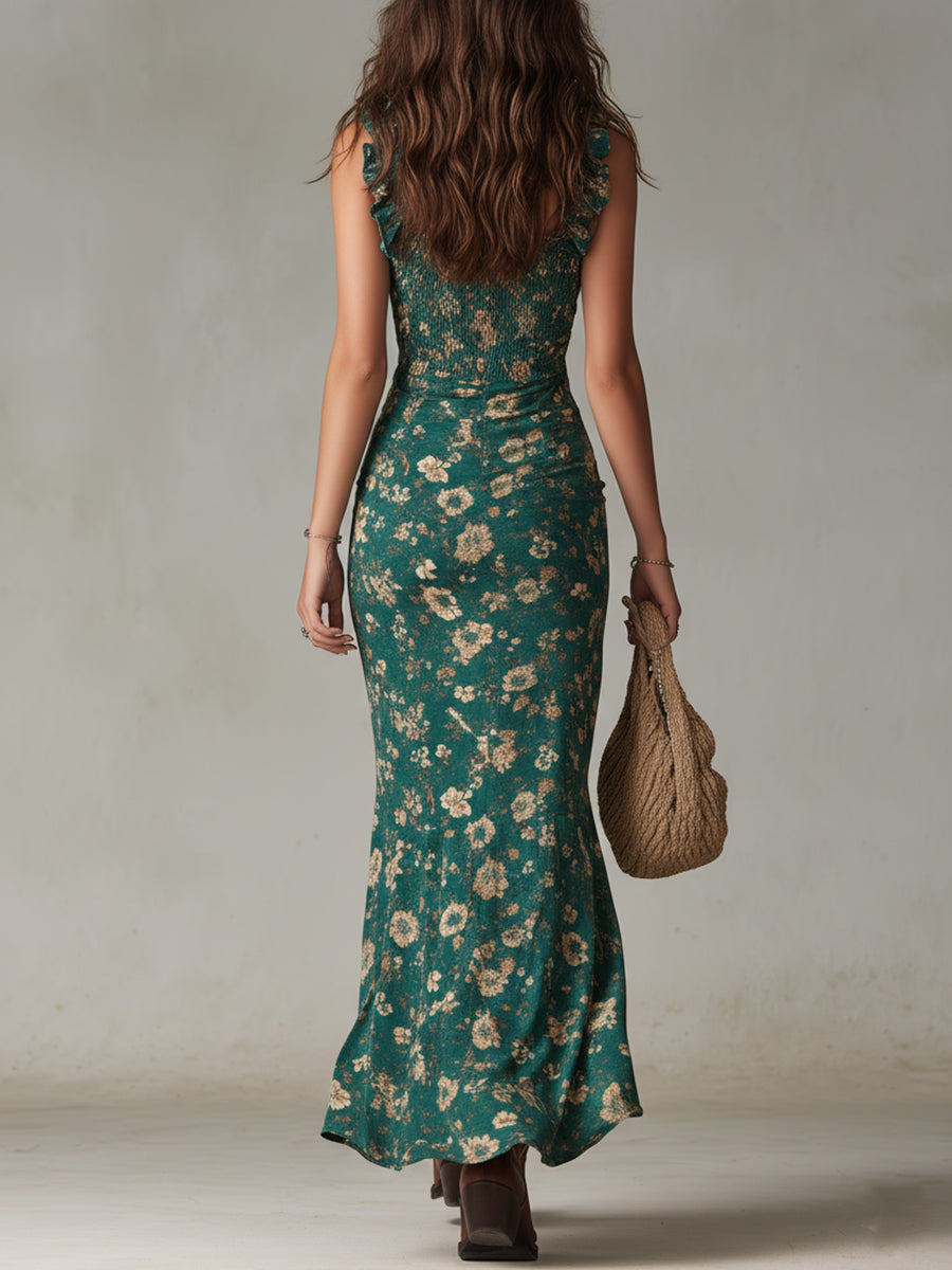 Langes Boho Damen Maxikleid, ärmellos mit Rüschen und Schlitz. Ideal als Sommer-, Festival- oder Urlaubskleid.