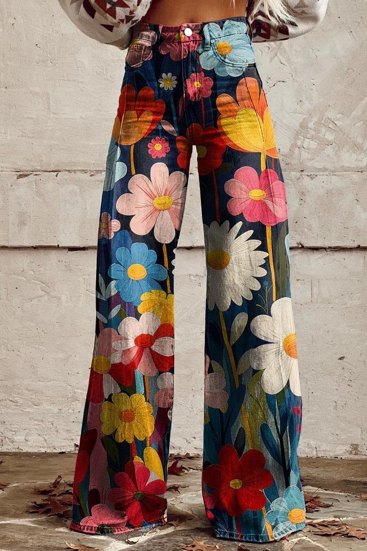 Damen Boho Vintage Hose mit weitem Bein und hoher Taille in elegantem Design. Perfekte Sommer- & Festivalhose für lässigen Chic.
