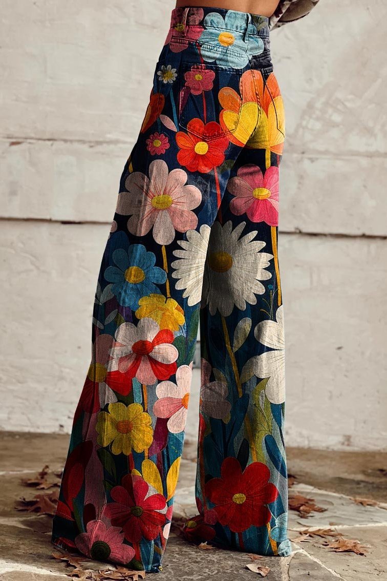 Gemütliche Damen Freizeithose im Boho Vintage Stil. Weites Bein und hohe Taille für entspannte Tage und Hippie-Looks.