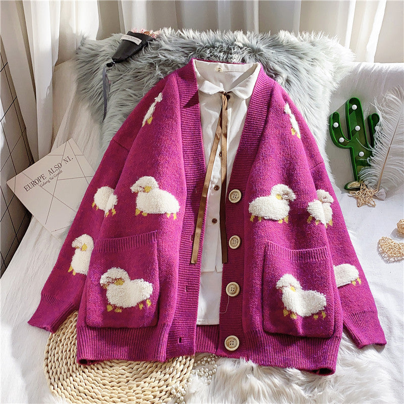 Lässiger Damen Strickcardigan mit einzigartigem Schaf-Muster, bequemen Taschen und Frontknöpfen. Perfekt für Freizeit.