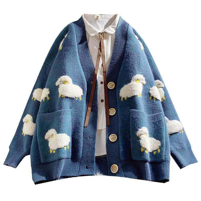 Damen Freizeit Cardigan mit niedlichem Schafe-Print, bequemen Taschen und Knopfverschluss. Einzigartiges Strickdesign.