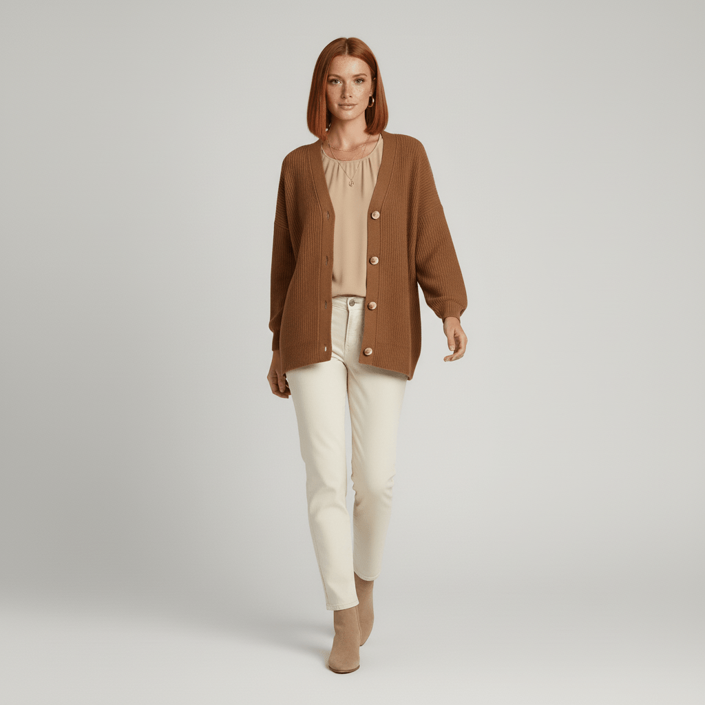 Stilvoller Damen Cardigan mit Knopfleiste. Bequeme Strickjacke für Layering & lässige Eleganz.