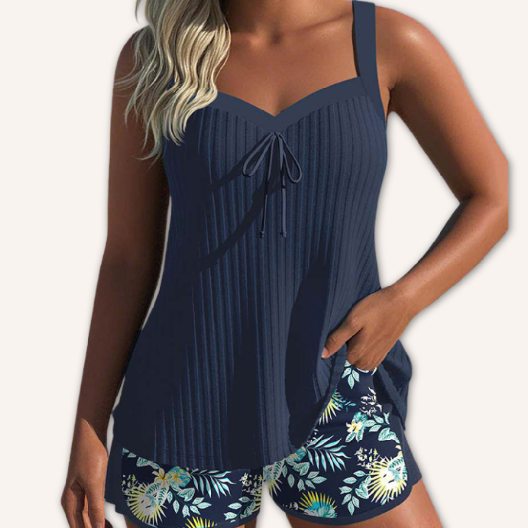 Damen Clara Tankini Set mit elegantem Blumen-Print in Marineblau, perfekt für Sommer Bademode.