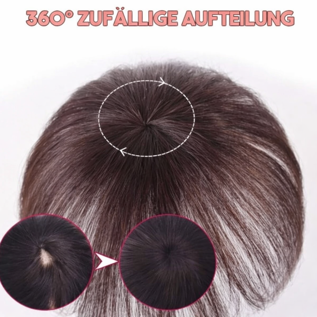 Frau trägt Clip-In Echthaarverlängerung, um Volumen und Fülle für ein natürliches Haarstyling zu erlangen.