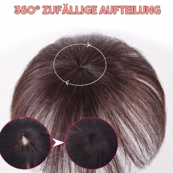 Frau trägt Clip-In Echthaarverlängerung, um Volumen und Fülle für ein natürliches Haarstyling zu erlangen.