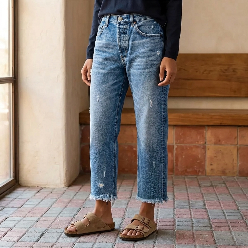 Damen Cropped Jeans im Vintage Straight Leg Stil mit trendigen Fransen, bequem für Freizeit & Alltag.